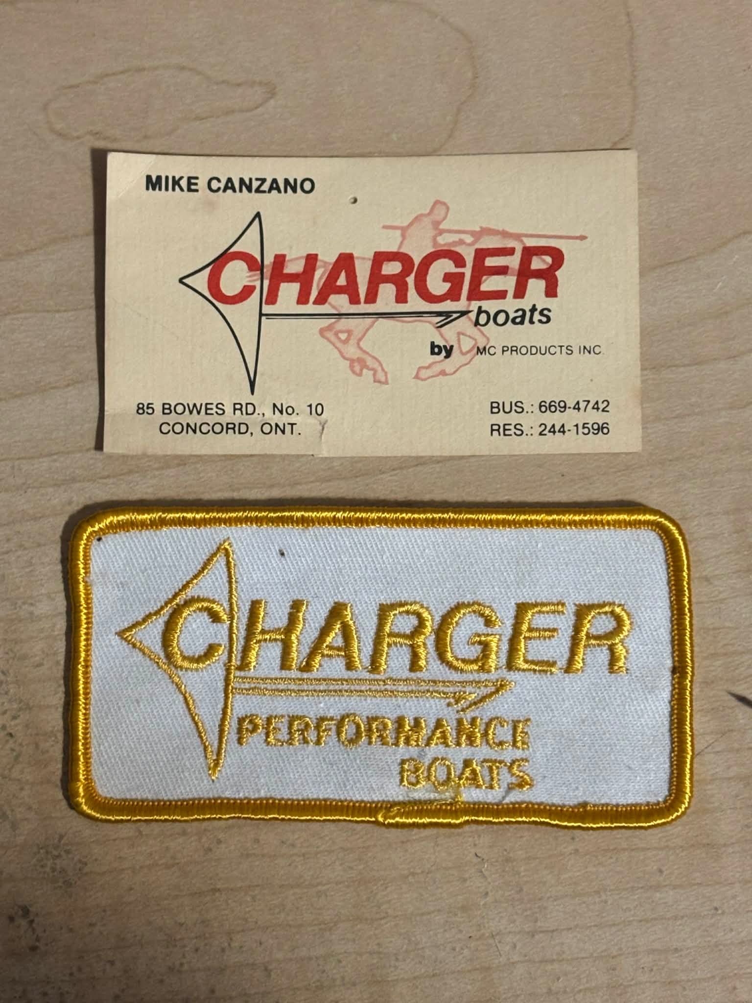 Original business card for Mike Canzano, Charger Boats by MC Products Inc., 85 Bowes Rd., Concord, Ontario, plus vintage embroidered patch